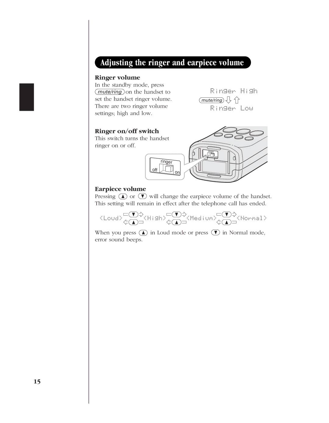 Uniden EXS 9960 manual Adjusting the ringer and earpiece volume, Ringer volume, Earpiece volume, Ringer High, Ringer Low 