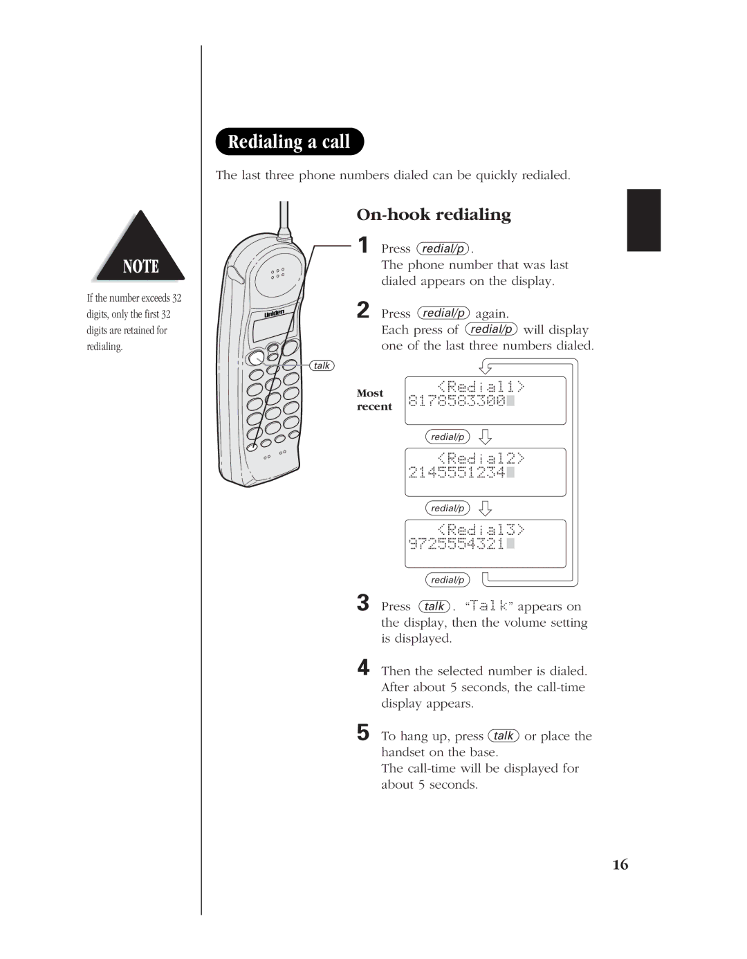 Uniden EXS 9960 manual Redialing a call, On-hook redialing, Redial2, Redial3 