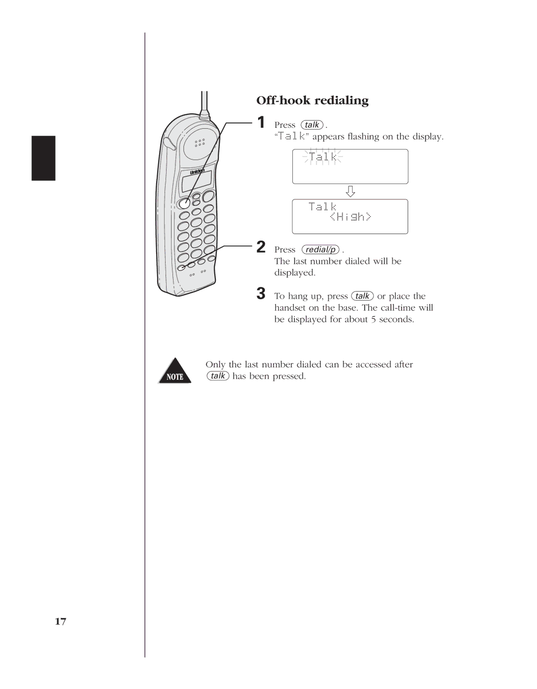 Uniden EXS 9960 manual Off-hook redialing, Talk High 