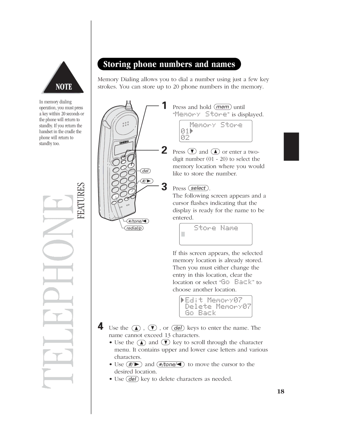 Uniden EXS 9960 manual Storing phone numbers and names, Memory Store, Store Name, Edit Memory07 Delete Memory07 Go Back 