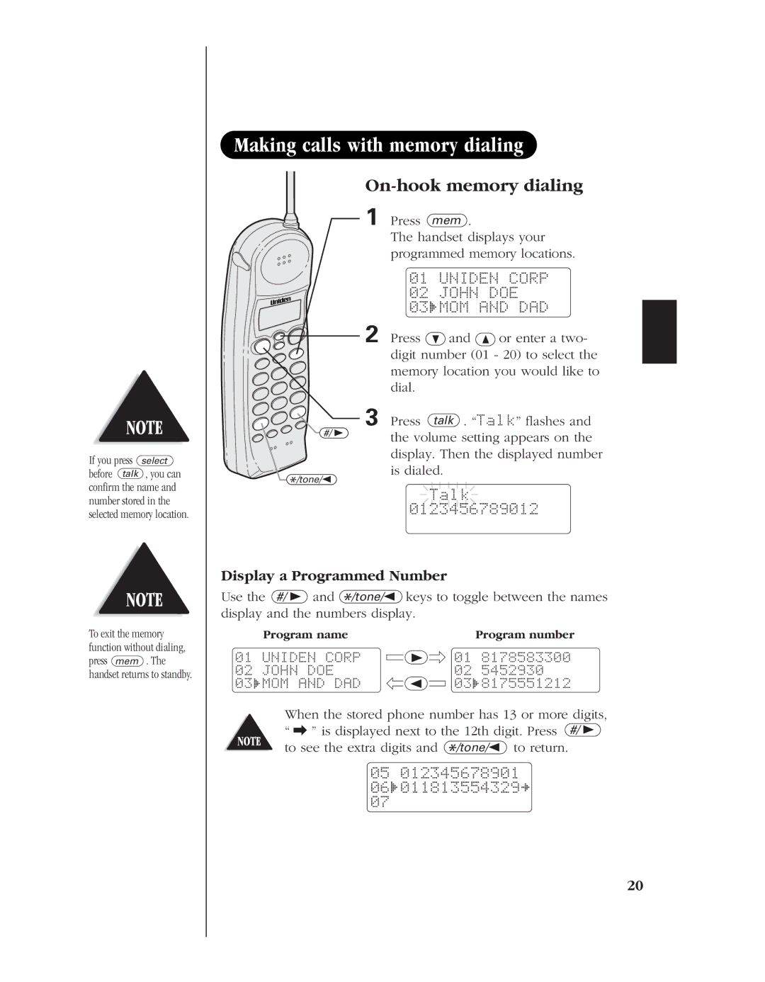 Uniden EXS 9960 manual Making calls with memory dialing, On-hook memory dialing, Display a Programmed Number 