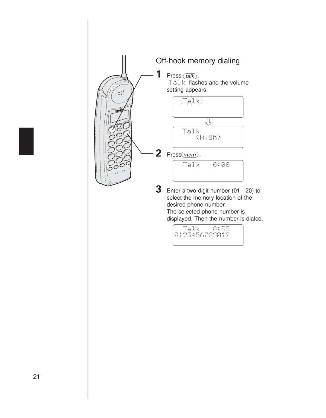 Uniden EXS 9960 manual Off-hook memory dialing, Talk Talk High, Talk 035 