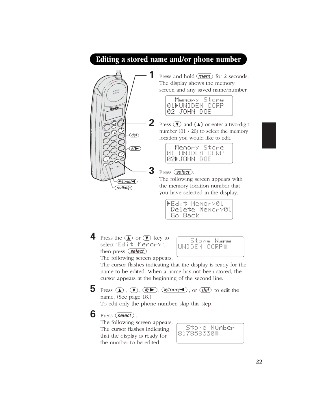 Uniden EXS 9960 manual Editing a stored name and/or phone number, Memory Store 01 Uniden Corp 02 John DOE 