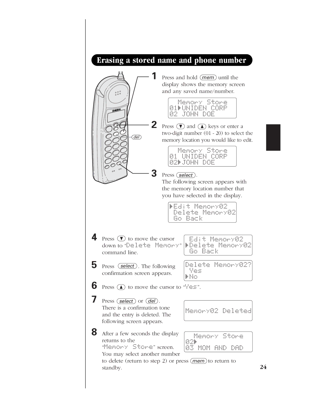 Uniden EXS 9960 manual Erasing a stored name and phone number 