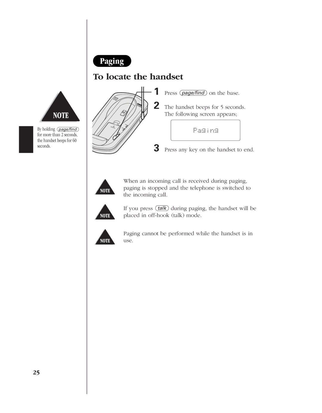 Uniden EXS 9960 manual Paging, Handset beeps for 5 seconds, Following screen appears 