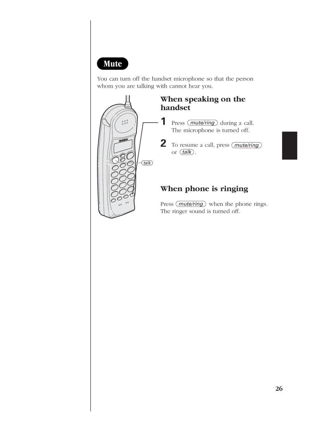 Uniden EXS 9960 manual Mute, When speaking on the handset, When phone is ringing 