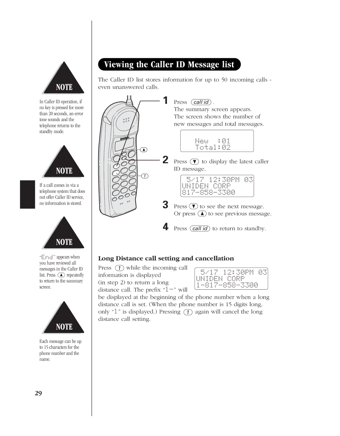 Uniden EXS 9960 manual Viewing the Caller ID Message list, Long Distance call setting and cancellation, New Total02 