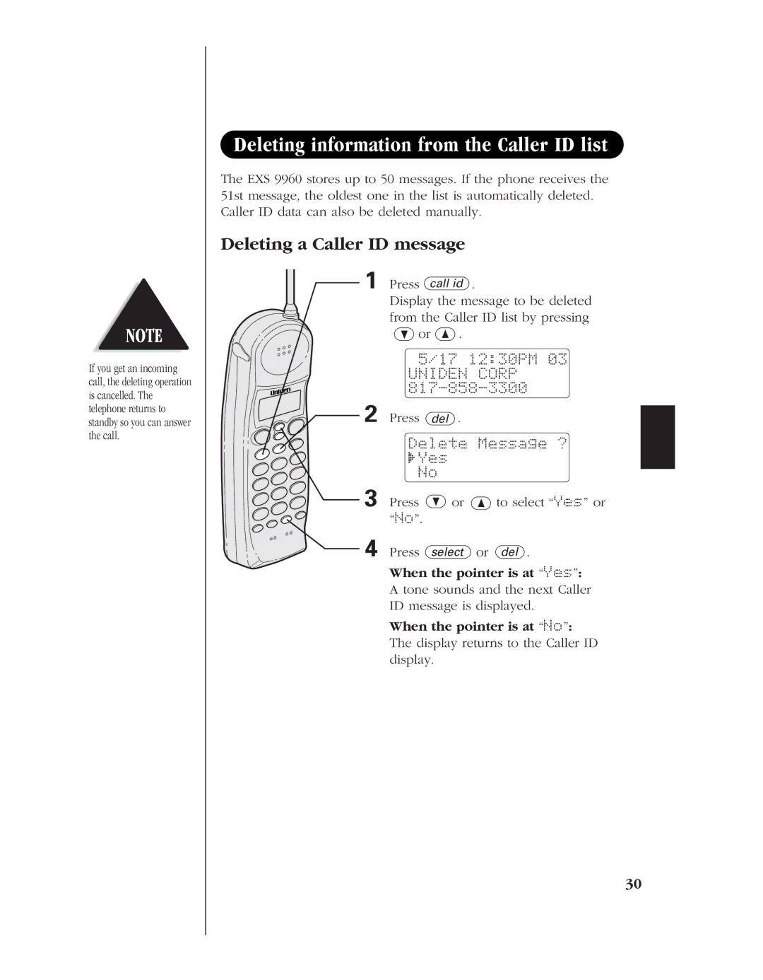 Uniden EXS 9960 Deleting information from the Caller ID list, Deleting a Caller ID message, When the pointer is at Yes 