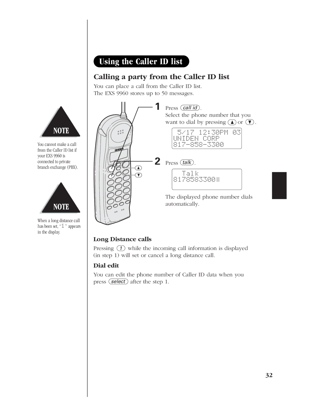 Uniden EXS 9960 Using the Caller ID list, Calling a party from the Caller ID list, Long Distance calls, Dial edit, » Talk 