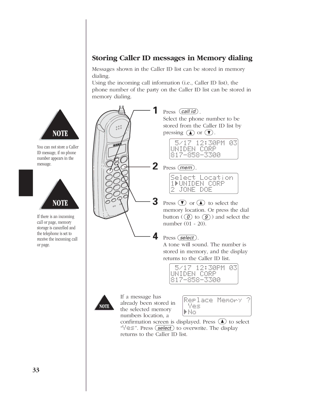 Uniden EXS 9960 manual Storing Caller ID messages in Memory dialing, Select Location 