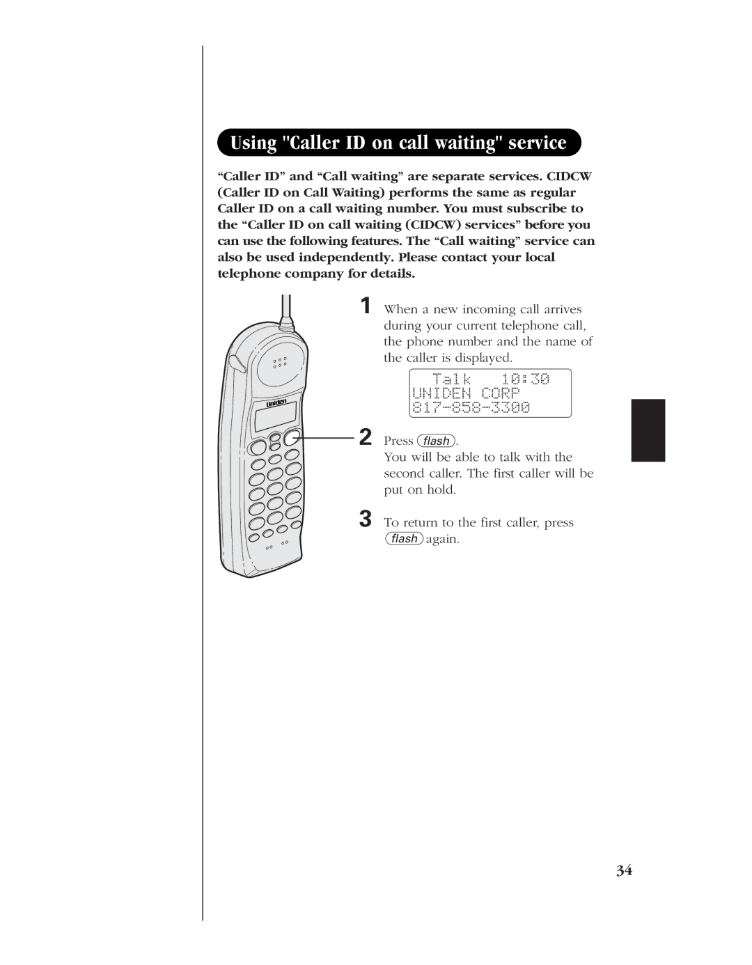 Uniden EXS 9960 manual Using Caller ID on call waiting service, Talk Uniden Corp 