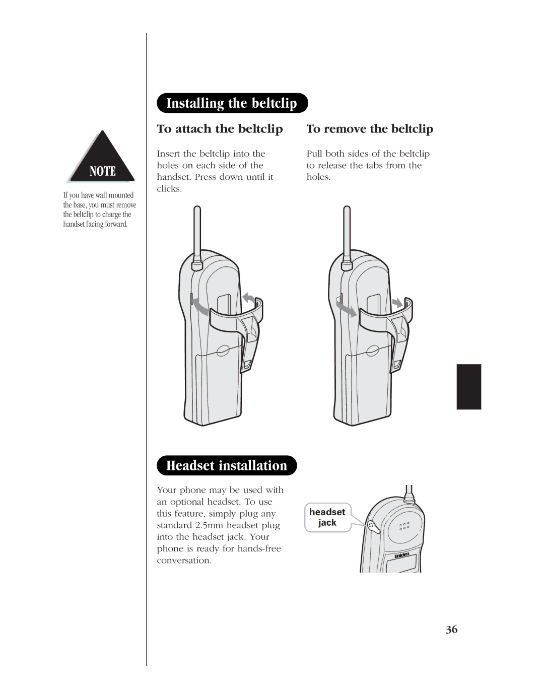 Uniden EXS 9960 manual Installing the beltclip, Headset installation, To attach the beltclip To remove the beltclip 