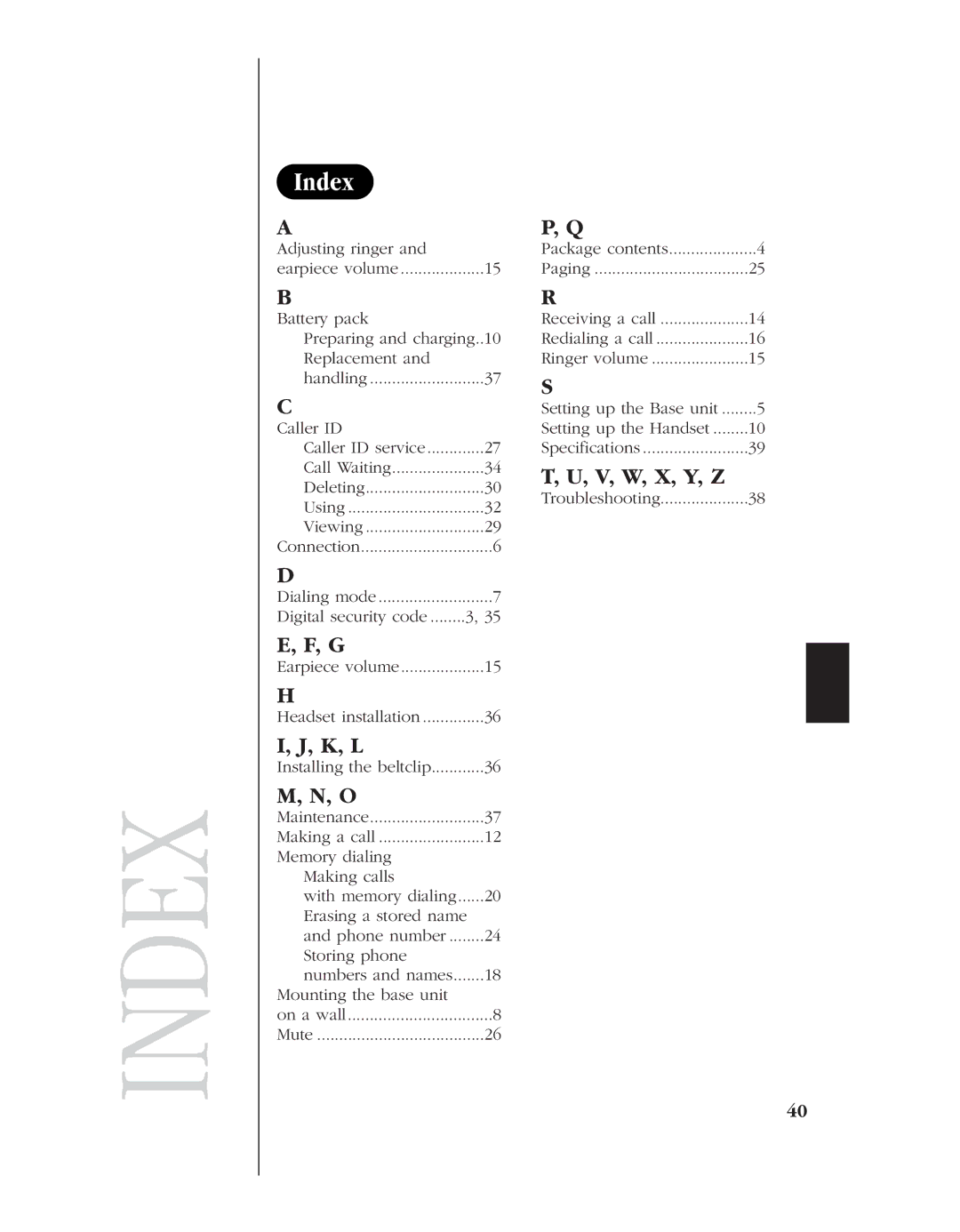 Uniden EXS 9960 manual Index, K, L, V, W, X, Y, Z 