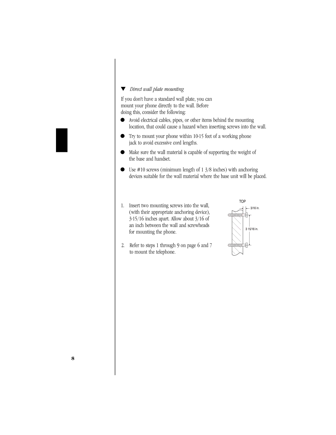 Uniden EXS 9965 manual Direct wall plate mounting 