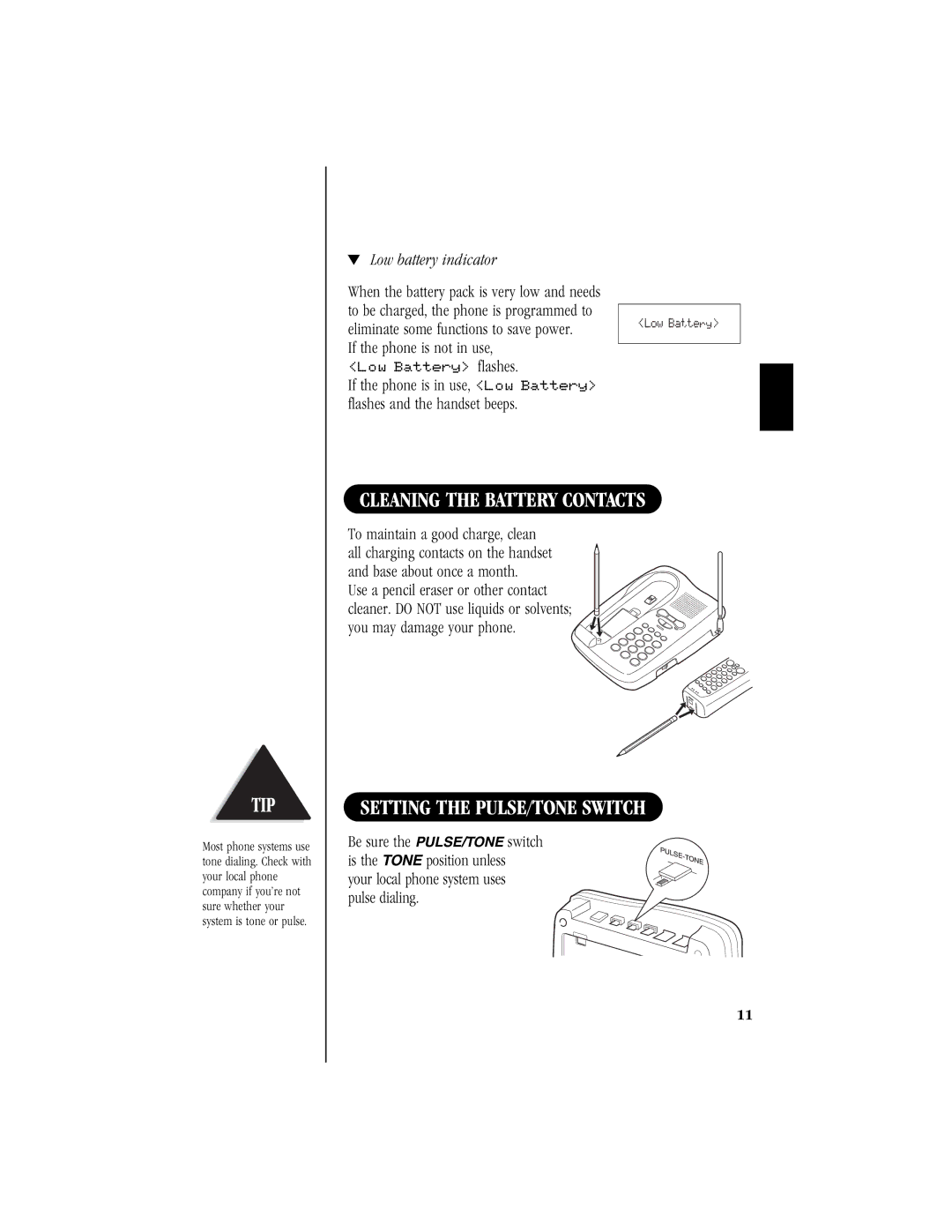 Uniden EXS 9965 manual Cleaning the Battery Contacts, Setting the PULSE/TONE Switch, Low battery indicator 