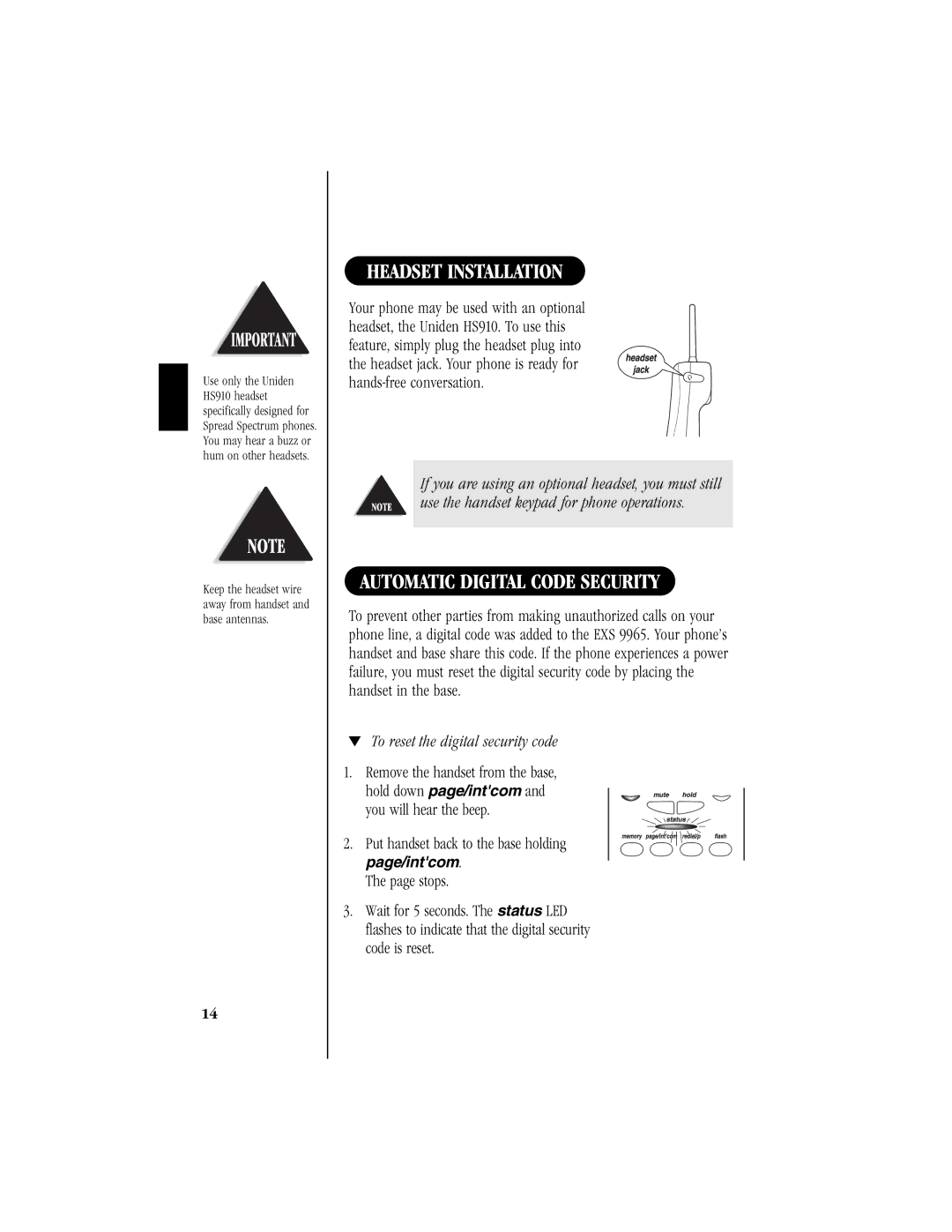 Uniden EXS 9965 manual Headset Installation, Automatic Digital Code Security, To reset the digital security code 