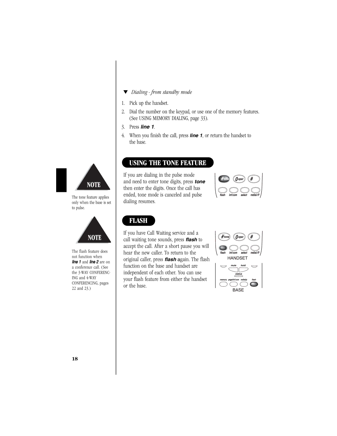 Uniden EXS 9965 manual Using the Tone Feature, Flash, Dialing from standby mode 