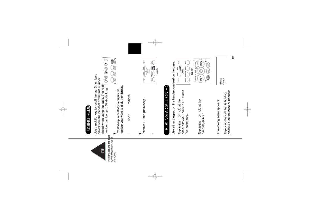 Uniden EXS 9965 manual Using Redial, Placing a Call on Hold, To redial from the handset, To redial from the base 