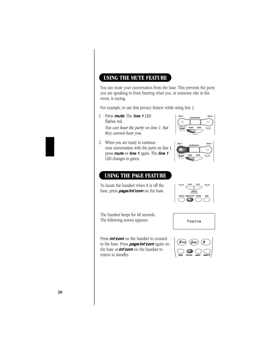 Uniden EXS 9965 Using the Mute Feature, Using the page Feature, You can hear the party on line 1, but they cannot hear you 