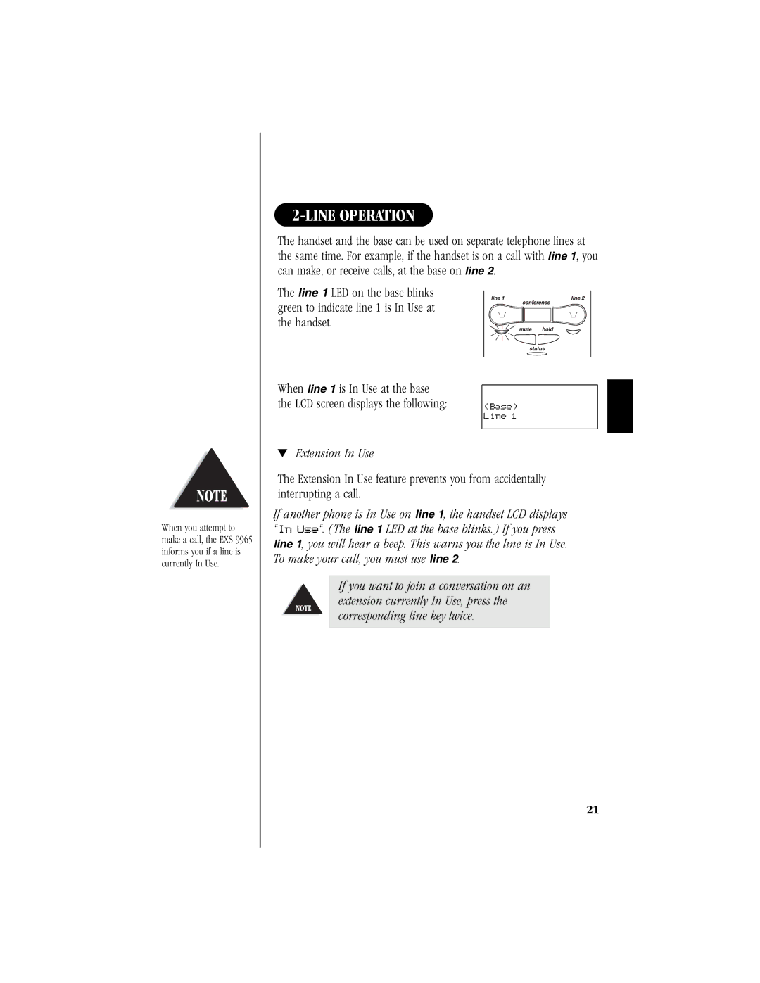 Uniden EXS 9965 manual Line Operation, Extension In Use 