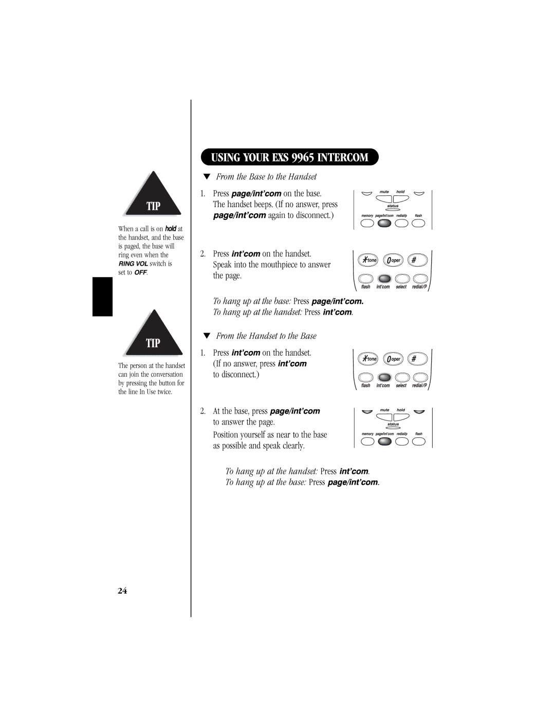 Uniden manual Using Your EXS 9965 Intercom, From the Base to the Handset 