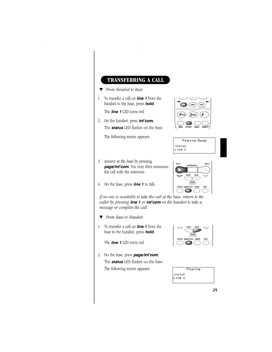 Uniden EXS 9965 manual Transferring a Call, From Handset to Base 