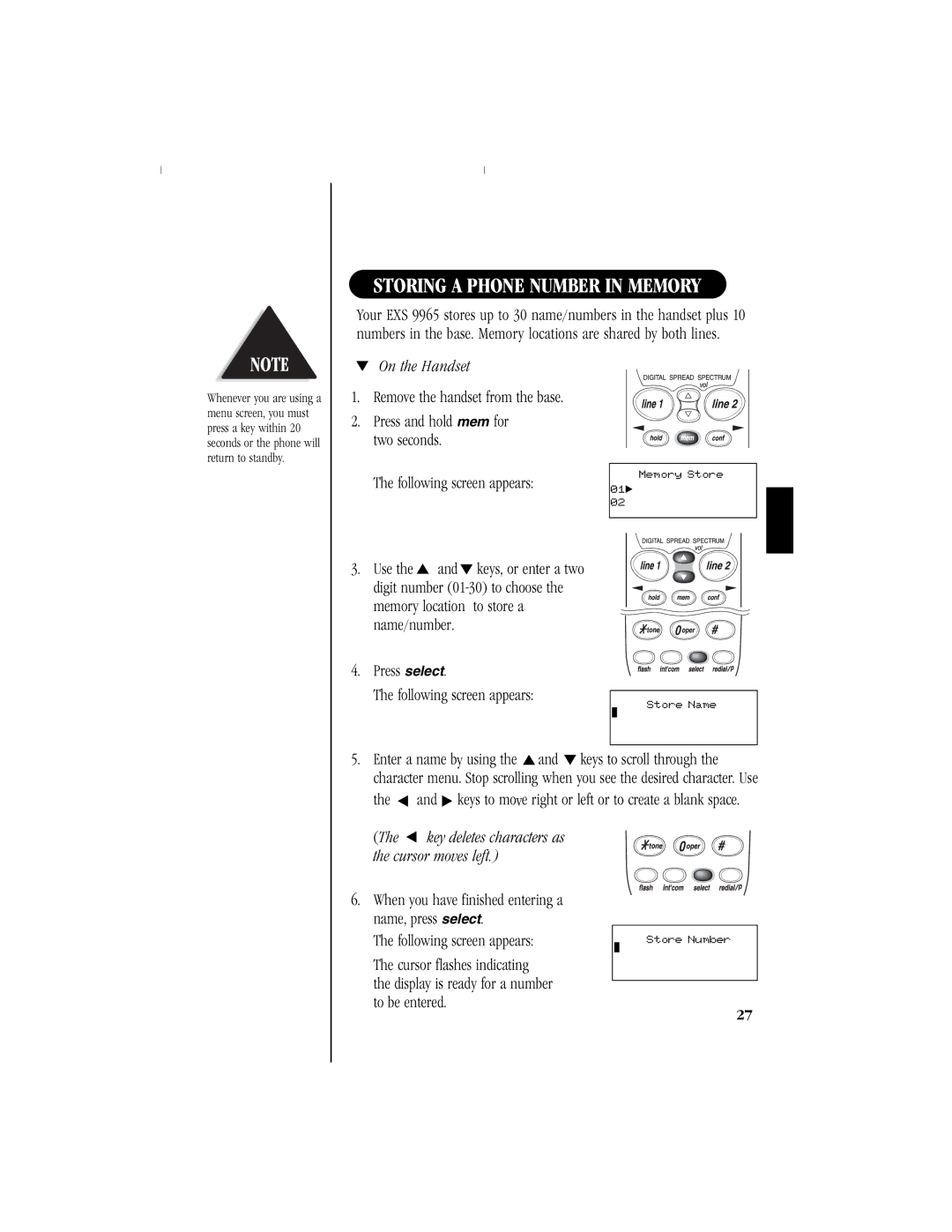 Uniden EXS 9965 manual On the Handset, Key deletes characters as the cursor moves left 