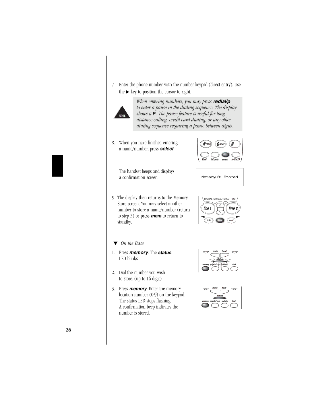 Uniden EXS 9965 manual When entering numbers, you may press redial/p, On the Base 