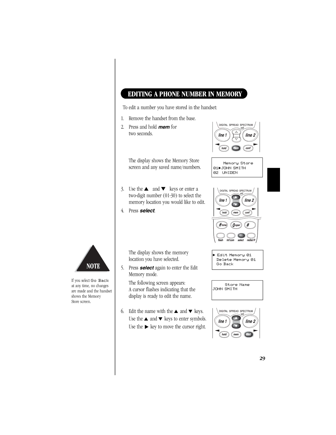 Uniden EXS 9965 manual Editing a Phone Number in Memory 