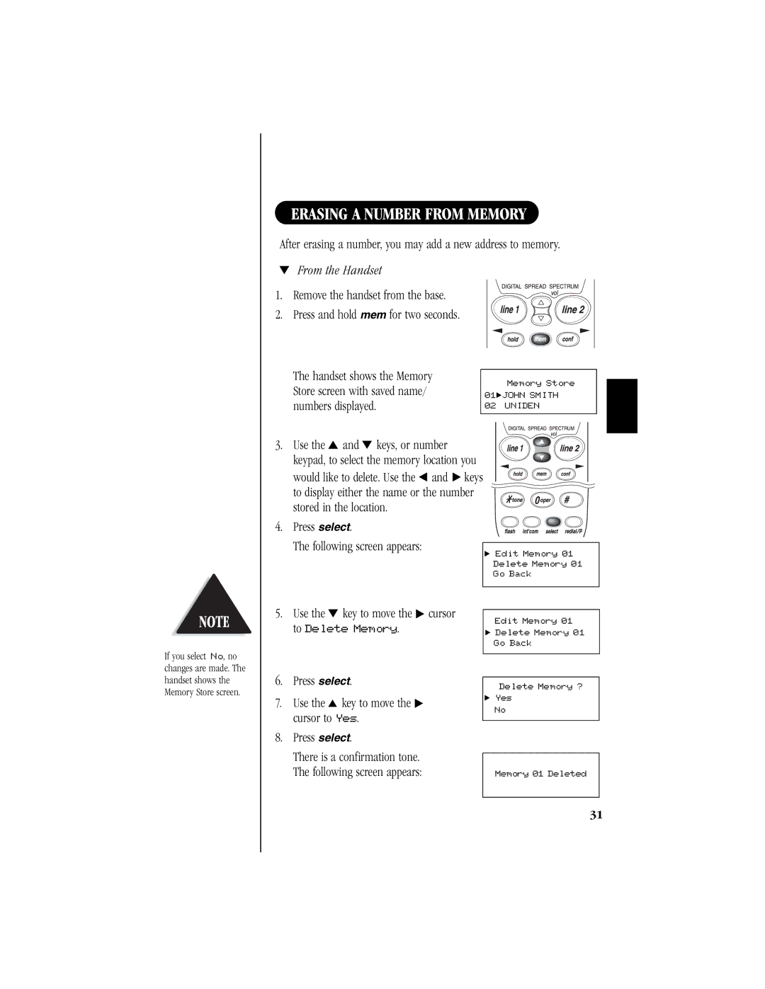 Uniden EXS 9965 manual Erasing a Number from Memory, From the Handset 