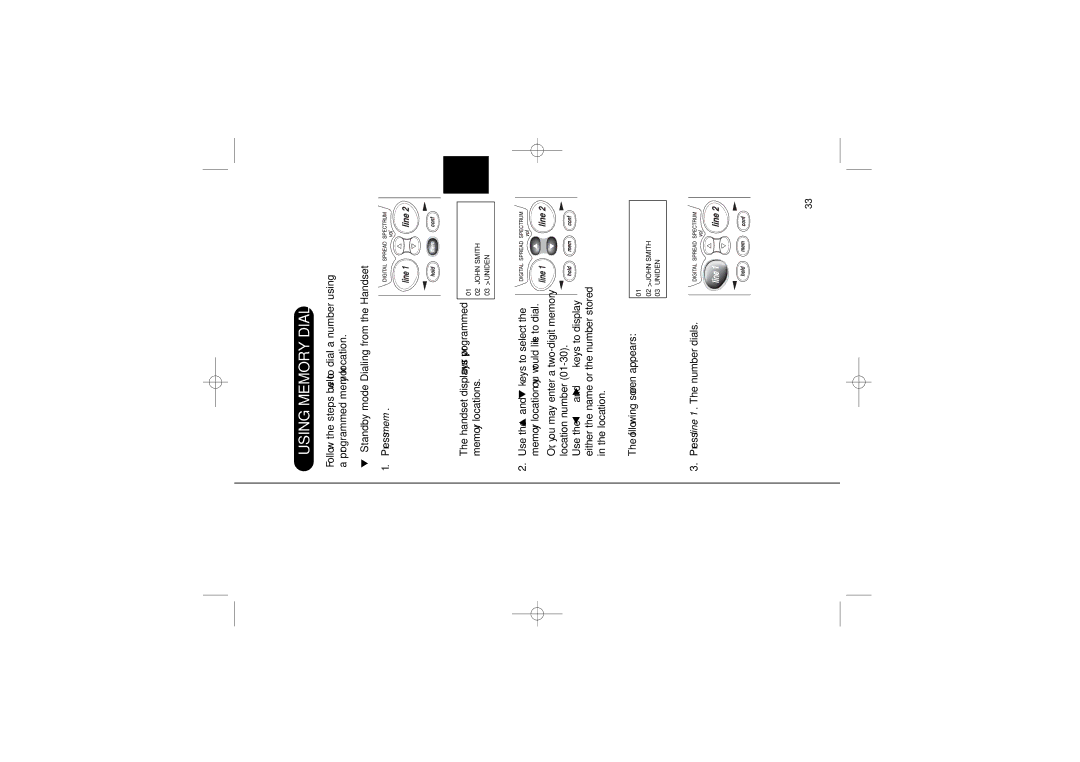 Uniden EXS 9965 manual Using Memory Dialing, Standby mode Dialing from the Handset 