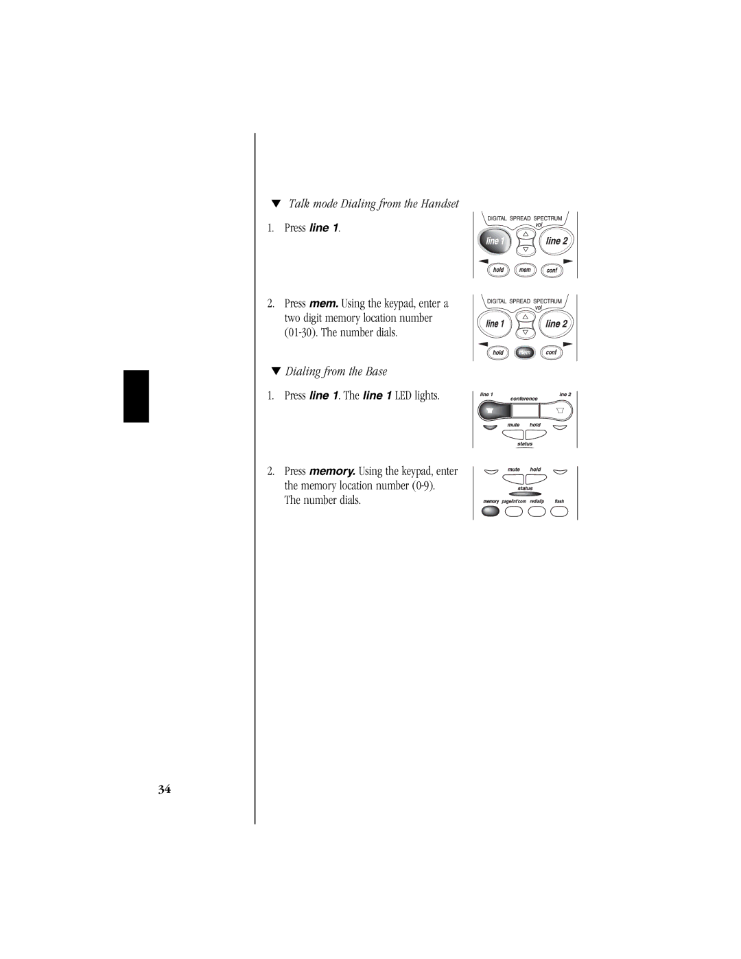 Uniden EXS 9965 manual Talk mode Dialing from the Handset, Dialing from the Base 