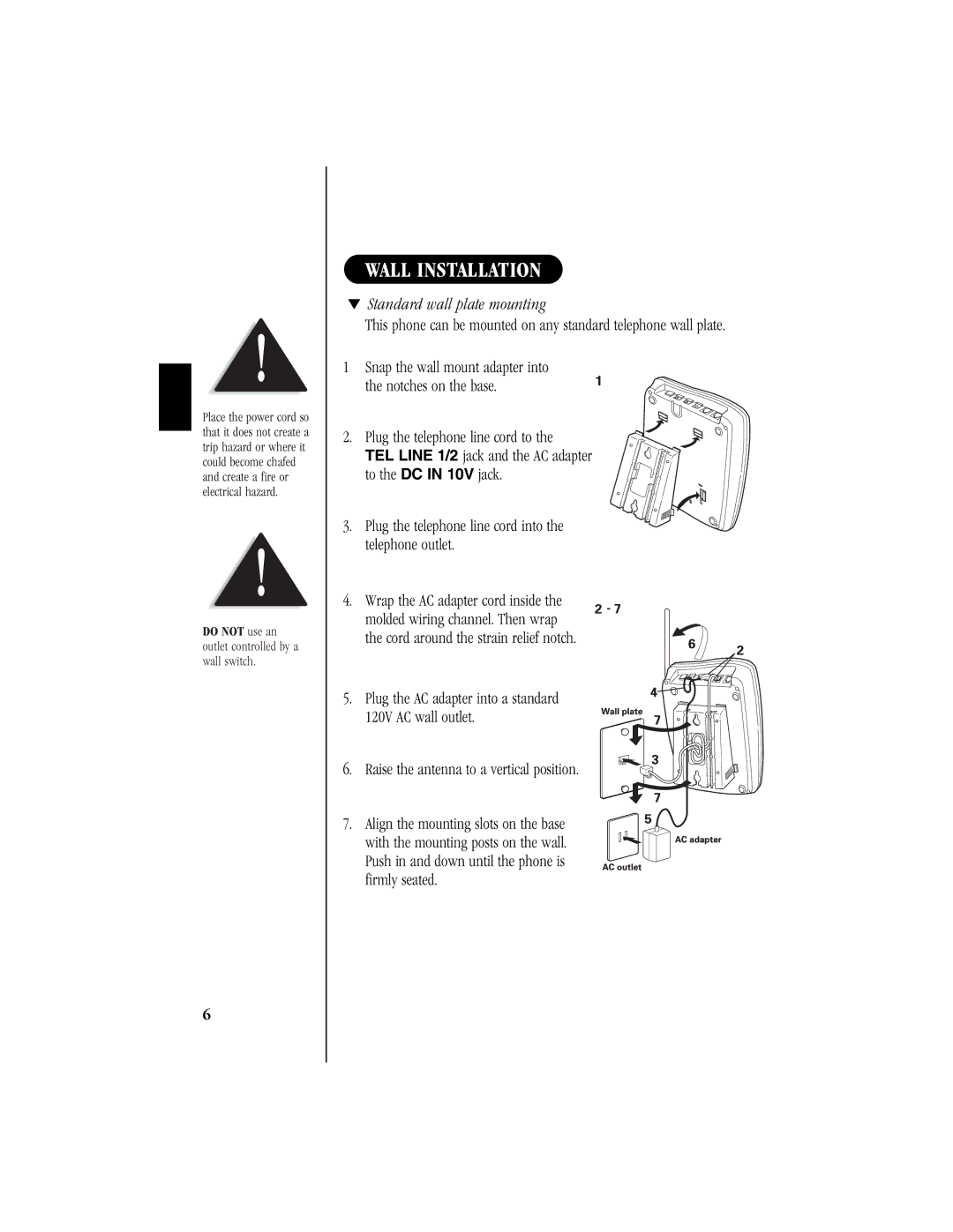 Uniden EXS 9965 manual Wall Installation, Standard wall plate mounting 