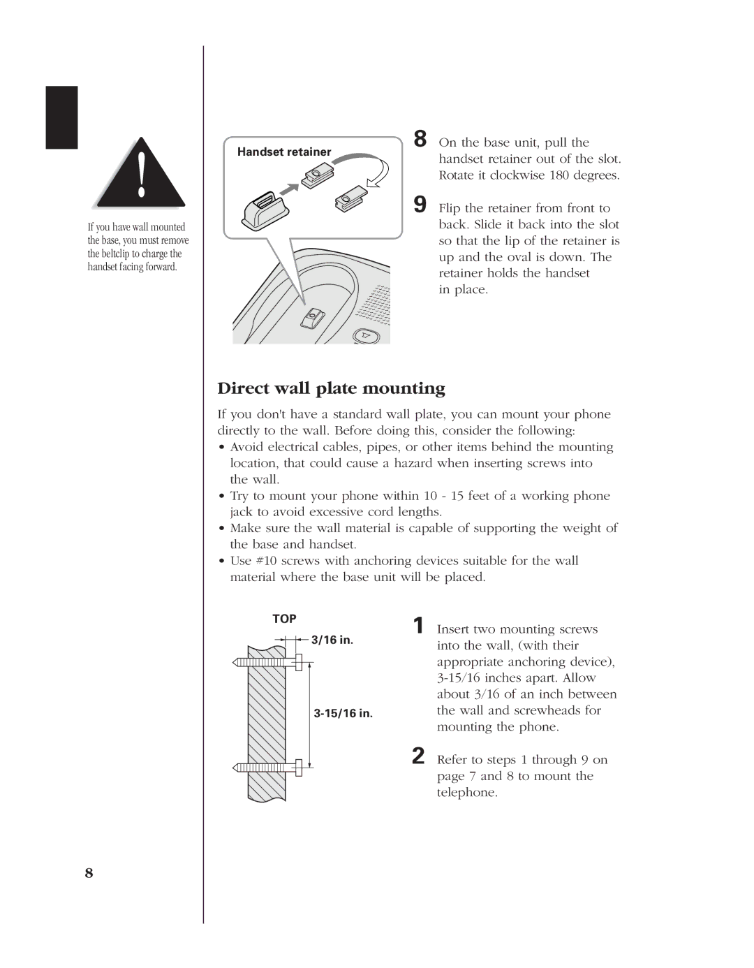 Uniden EXS 9980 manual Direct wall plate mounting 