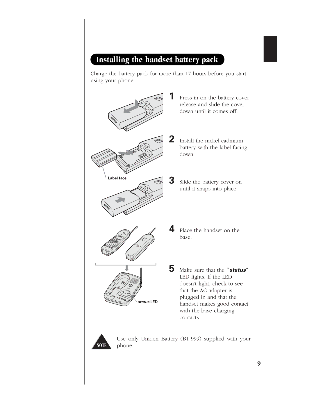 Uniden EXS 9980 manual Installing the handset battery pack 