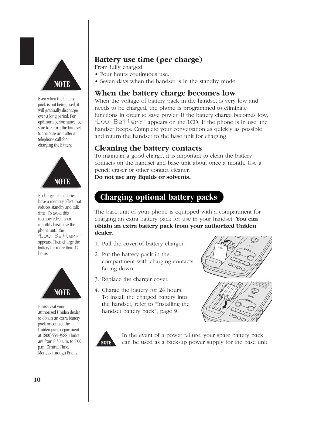 Uniden EXS 9980 manual Charging optional battery packs, Battery use time per charge, When the battery charge becomes low 