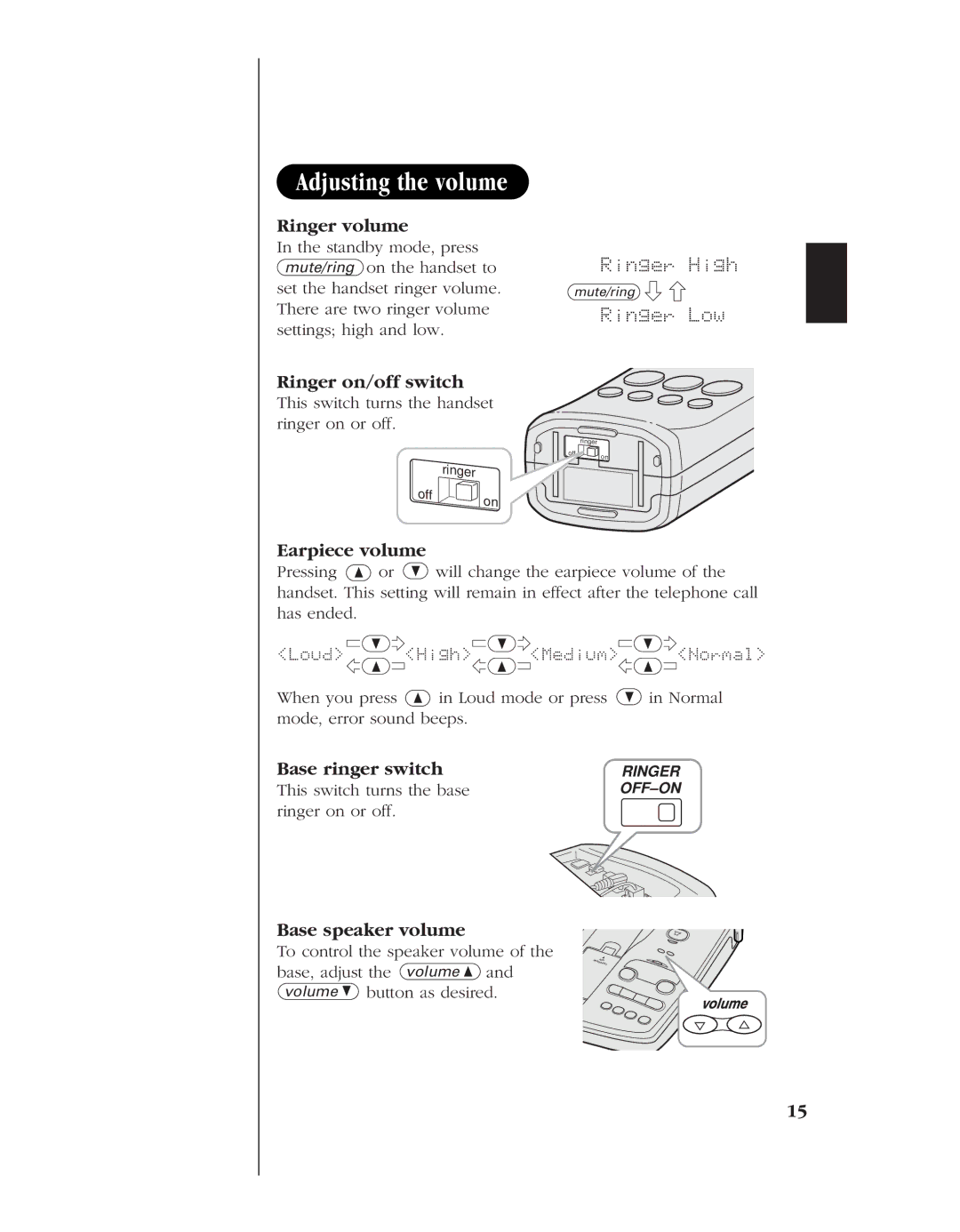 Uniden EXS 9980 manual Adjusting the volume, Ringer volume, Earpiece volume, Base ringer switch, Base speaker volume 