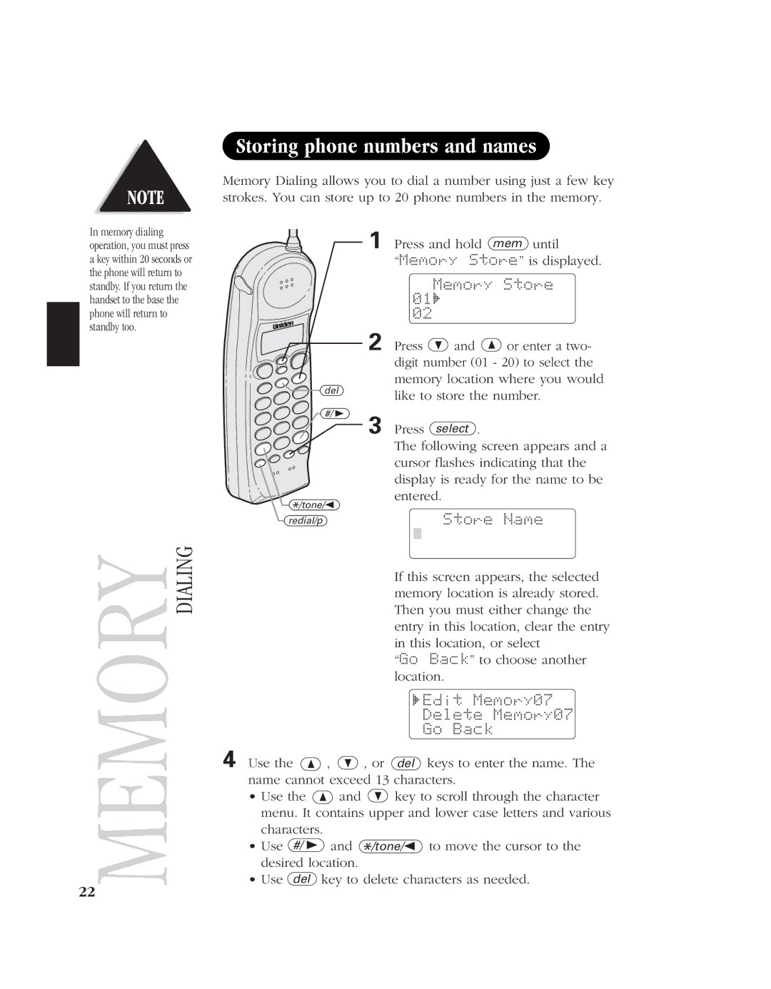 Uniden EXS 9980 manual Storing phone numbers and names, Memory Store, Store Name, Edit Memory07 Delete Memory07 Go Back 