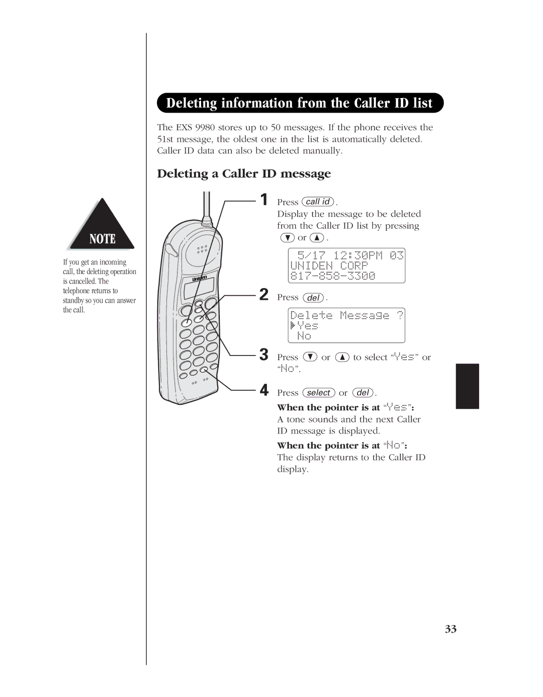 Uniden EXS 9980 Deleting information from the Caller ID list, Deleting a Caller ID message, When the pointer is at Yes 