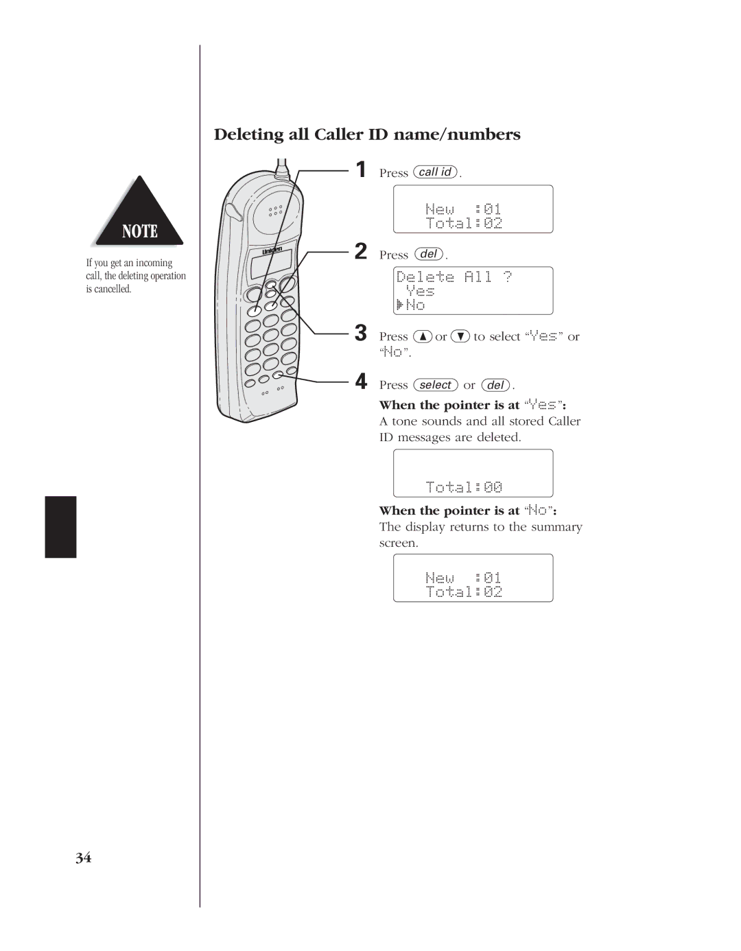 Uniden EXS 9980 manual Deleting all Caller ID name/numbers, Delete All ? Yes, Total00 