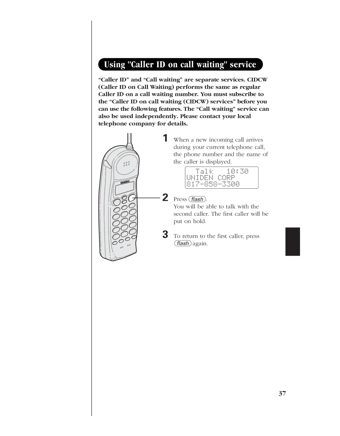 Uniden EXS 9980 manual Using Caller ID on call waiting service, Talk Uniden Corp 