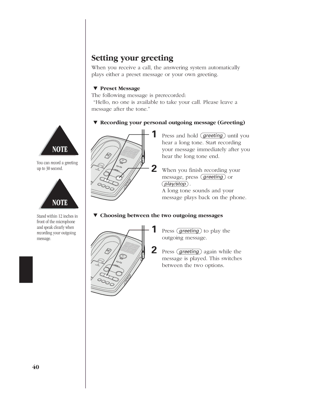 Uniden EXS 9980 manual Setting your greeting, » Preset Message, » Recording your personal outgoing message Greeting 