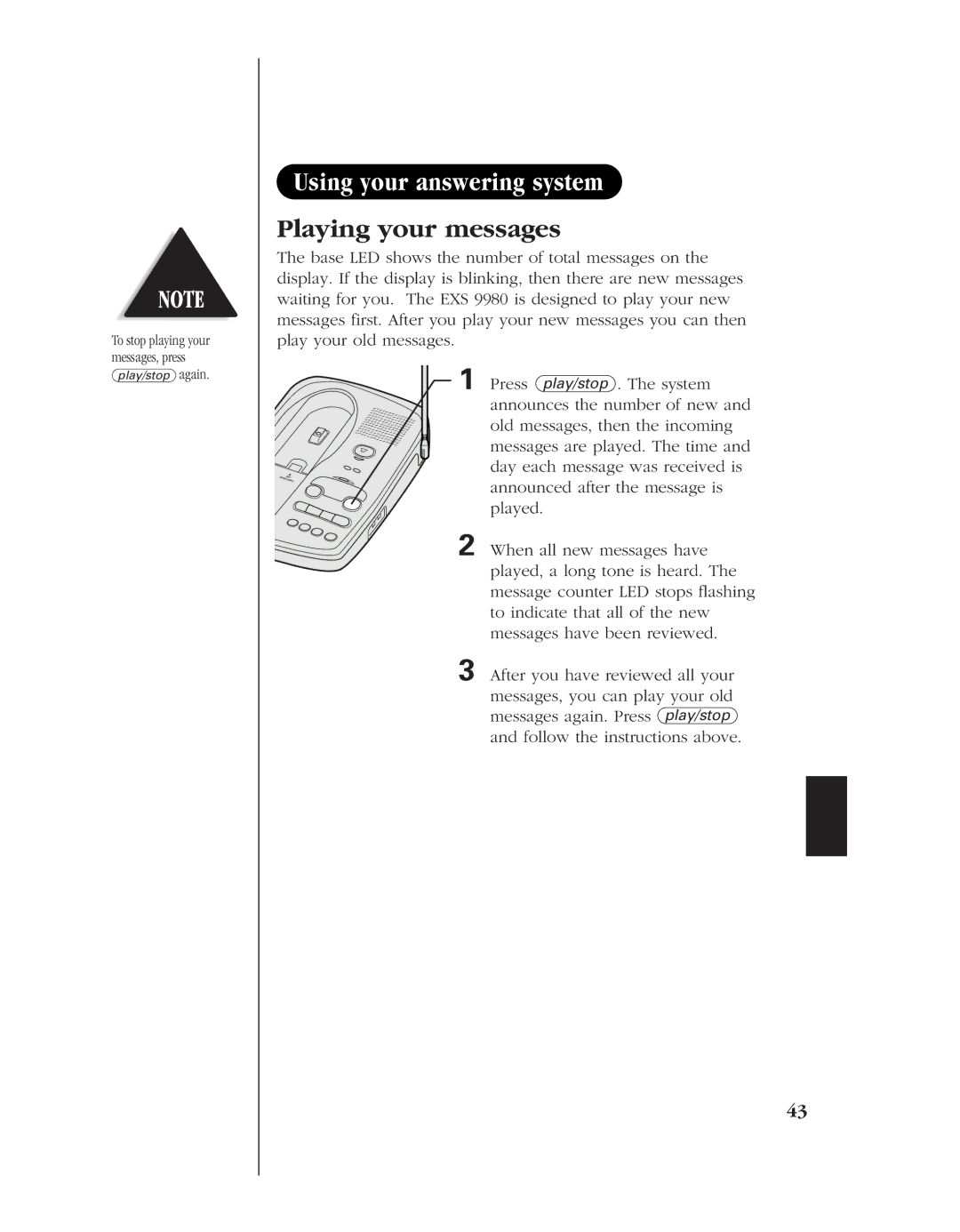 Uniden EXS 9980 manual Using your answering system, Playing your messages 