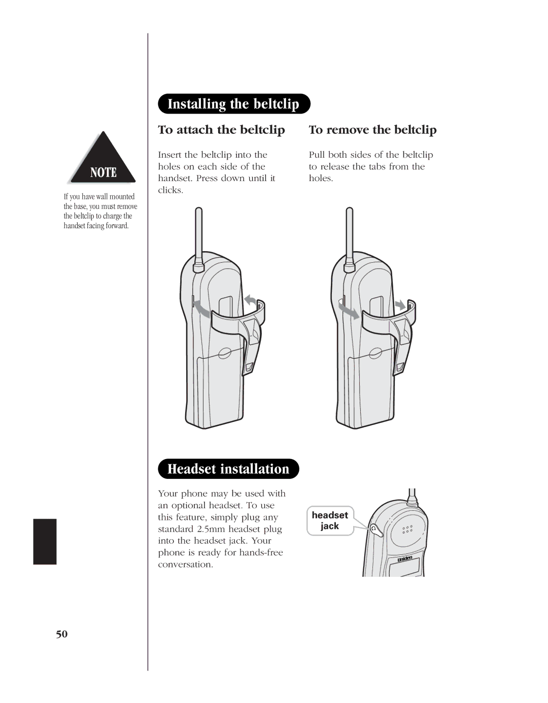 Uniden EXS 9980 manual Installing the beltclip, Headset installation, To attach the beltclip To remove the beltclip 