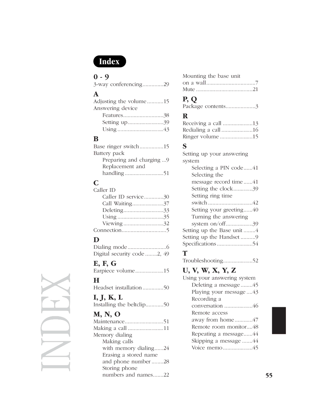 Uniden EXS 9980 manual Index, K, L, W, X, Y, Z 