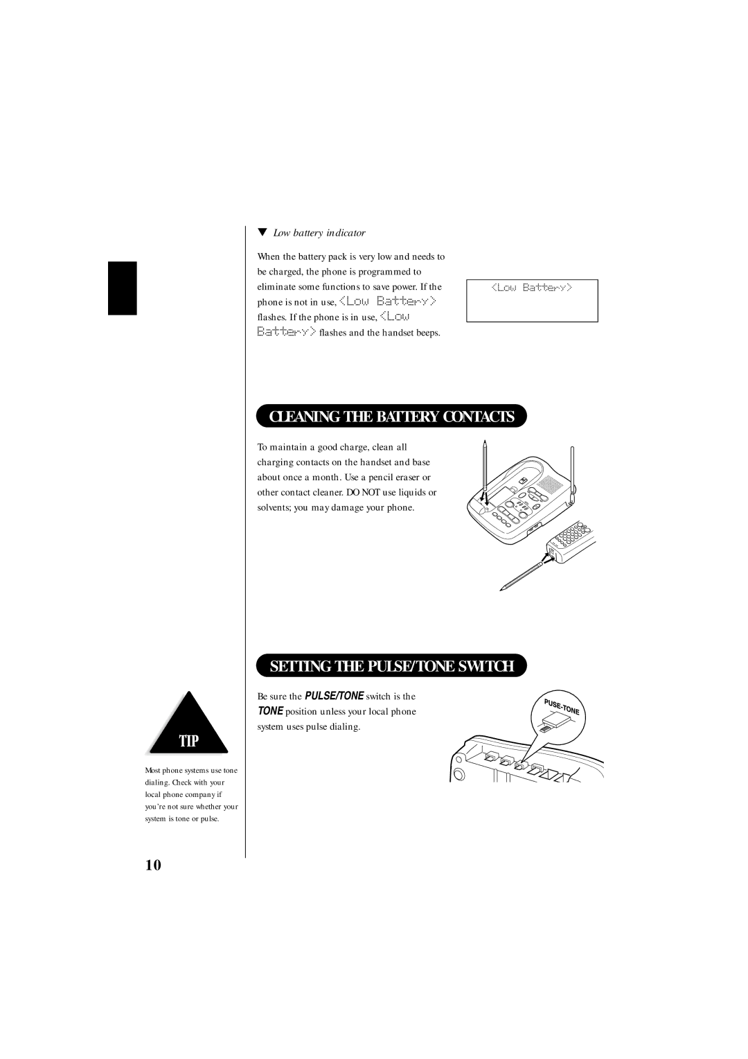 Uniden EXS 9995 manual Cleaning the Battery Contacts, Setting the PULSE/TONE Switch, Low battery indicator 