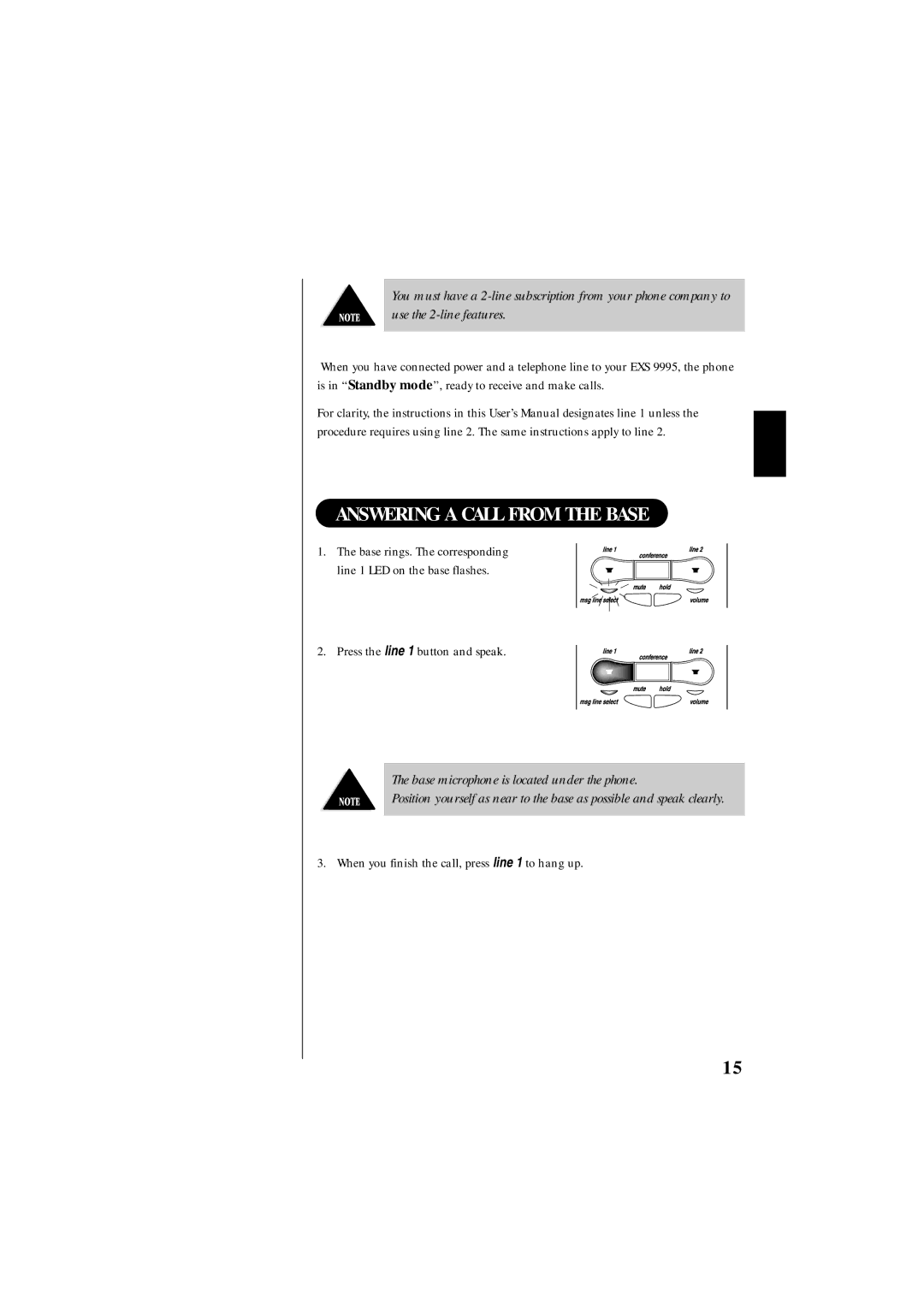 Uniden EXS 9995 manual Answering a Call from the Base, When you finish the call, press line 1 to hang up 