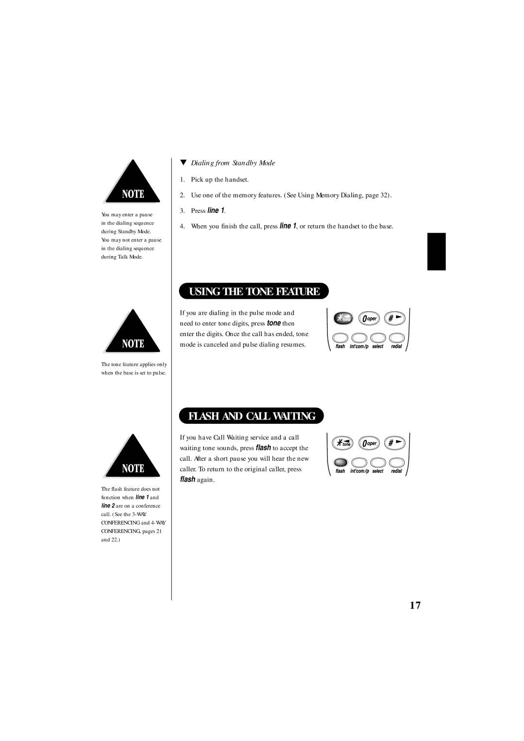 Uniden EXS 9995 manual Using the Tone Feature, Flash and Call Waiting, Dialing from Standby Mode 