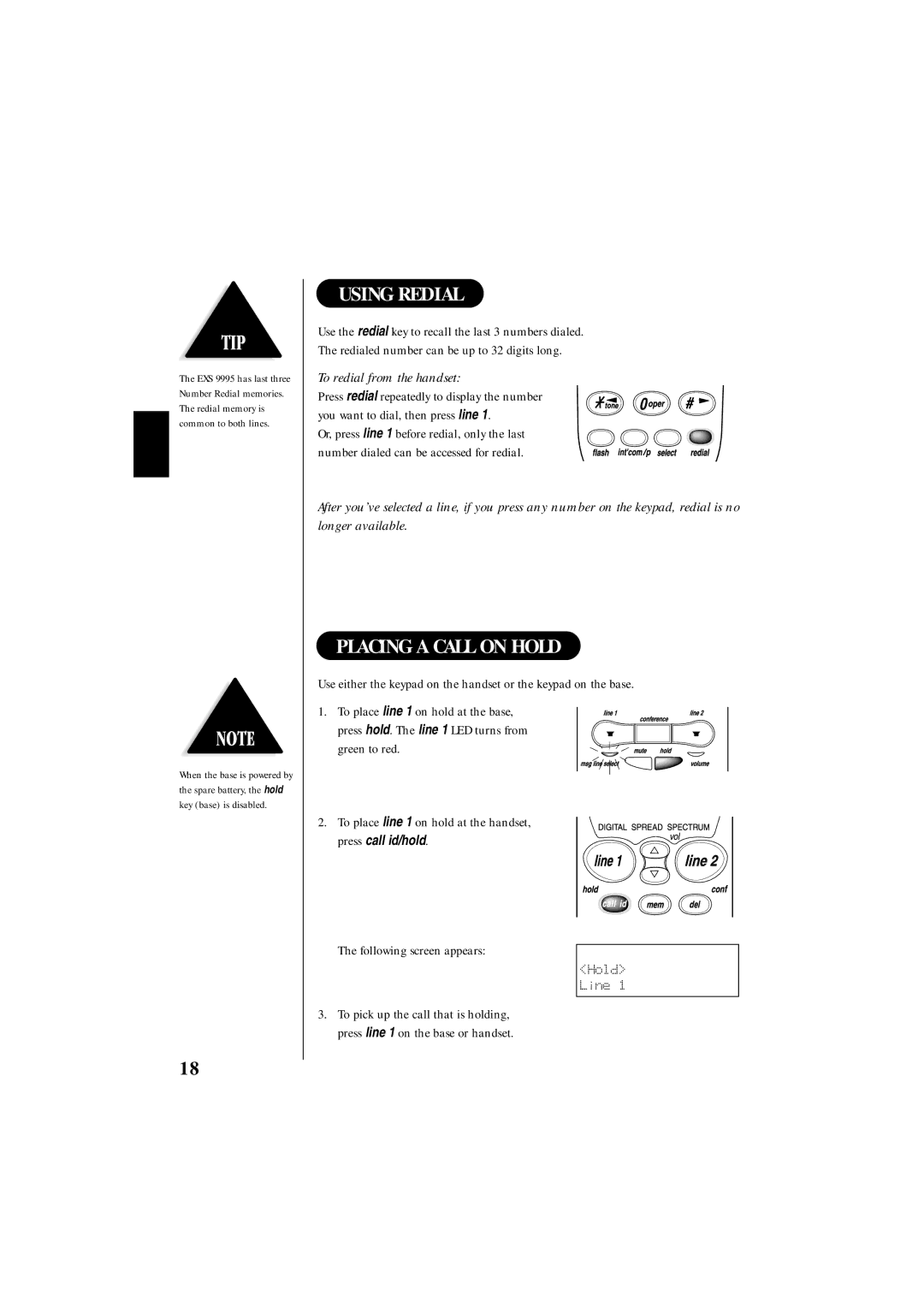 Uniden EXS 9995 manual Using Redial, Placing a Call on Hold, To redial from the handset 