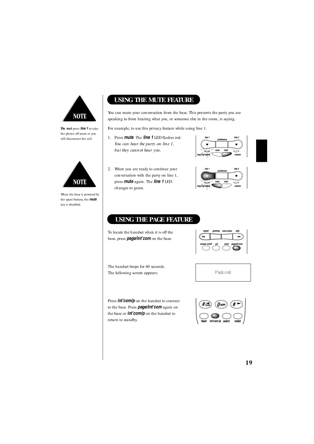 Uniden EXS 9995 Using the Mute Feature, Using the page Feature, Handset beeps for 60 seconds Following screen appears 